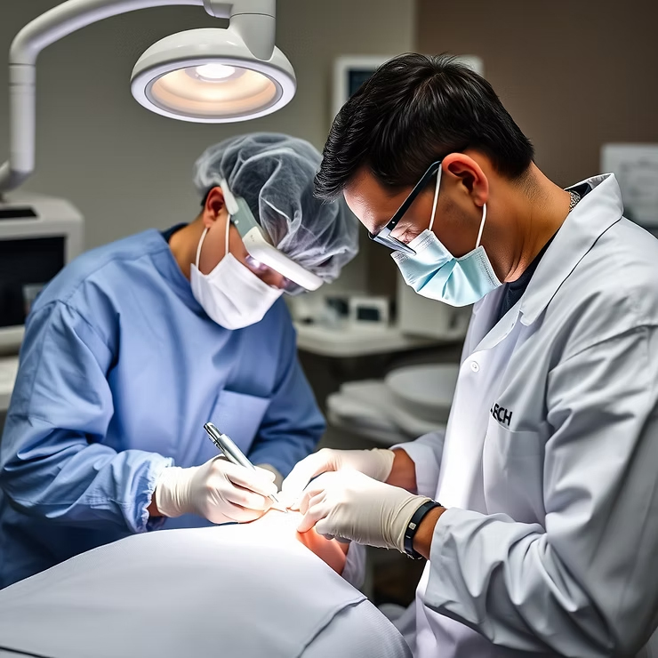 Dental professionals performing porcelain veneer procedure